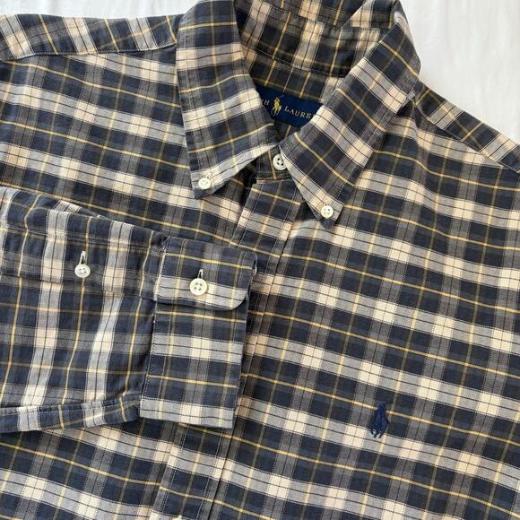 Polo Ralph Lauren Button Up Shirt Men’s Large Green Beige Blue Plaid Blue Pony - Picture 1 of 11